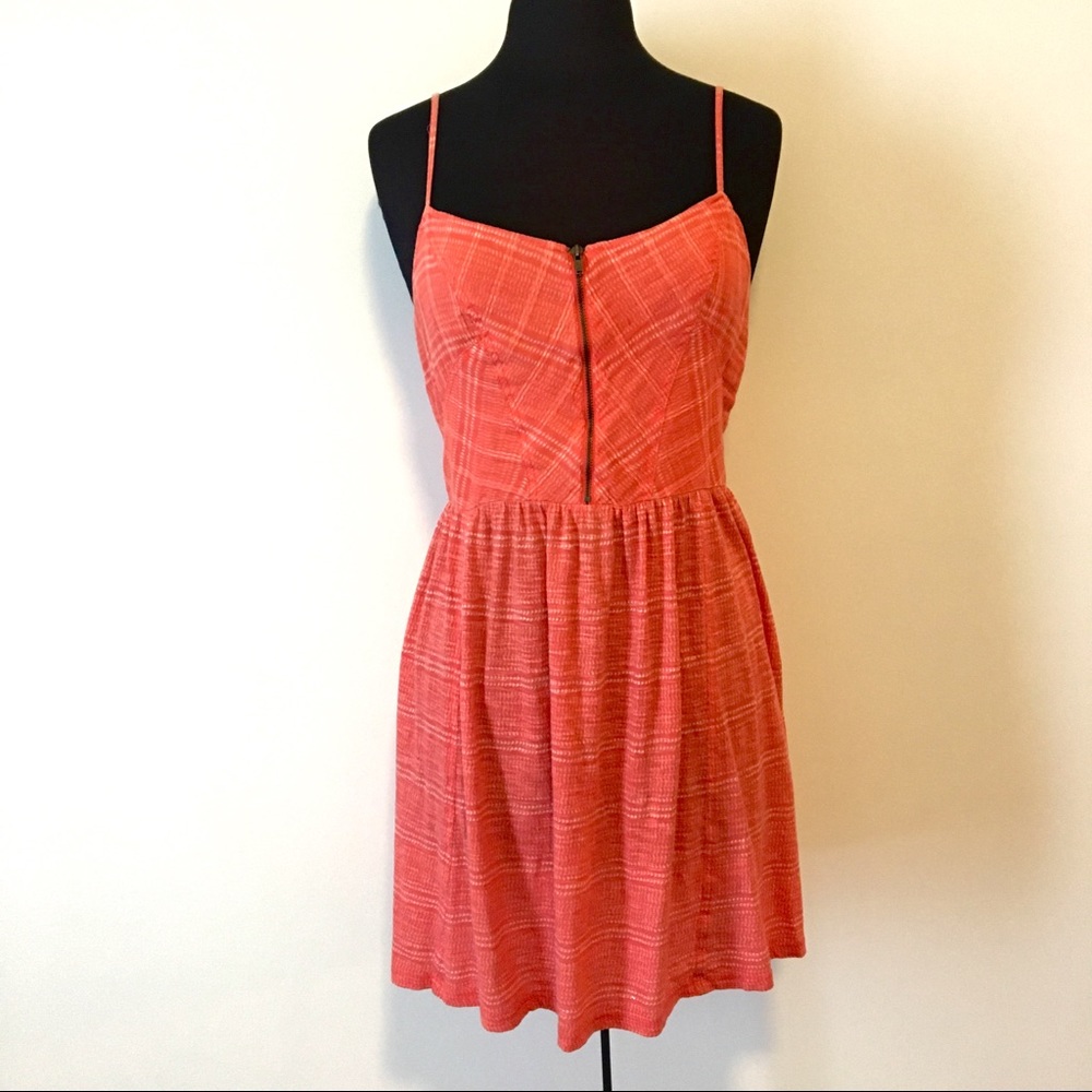 Urban Outfitters Coral Fit & Flare Mini Dress Zip Front Sundress Size L Summer